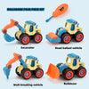 A set of three DIY engineering vehicle toys including an excavator, a bulldozer, and a wall-breaking vehicle.