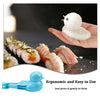 A hand holds a white duck-shaped rice mold, demonstrating an ergonomic and easy to use tool for forming sushi or snowballs.