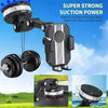 Schwarzer 360° drehbarer Auto-Handyhalter mit ausziehbarem Arm vor blauem Himmel.