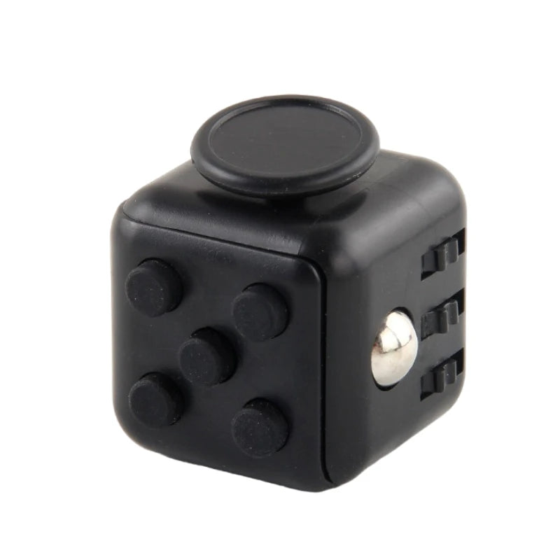 Un cubo fidget negro con tapa redonda y varios botones en el lateral.