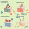 A collection of Montessori wooden toys including building blocks, coin boxes, pitching boxes, and a throwing stick box.