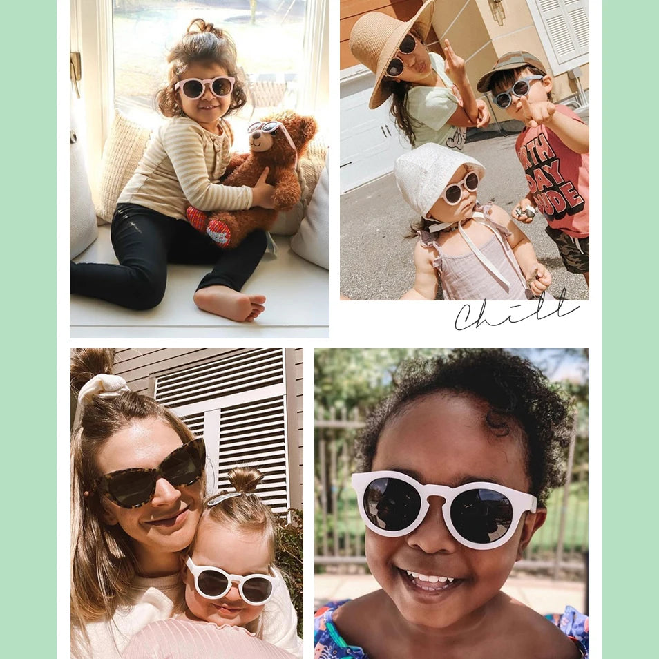 A collage of children wearing polarized UV400 sunglasses in various outdoor settings.
