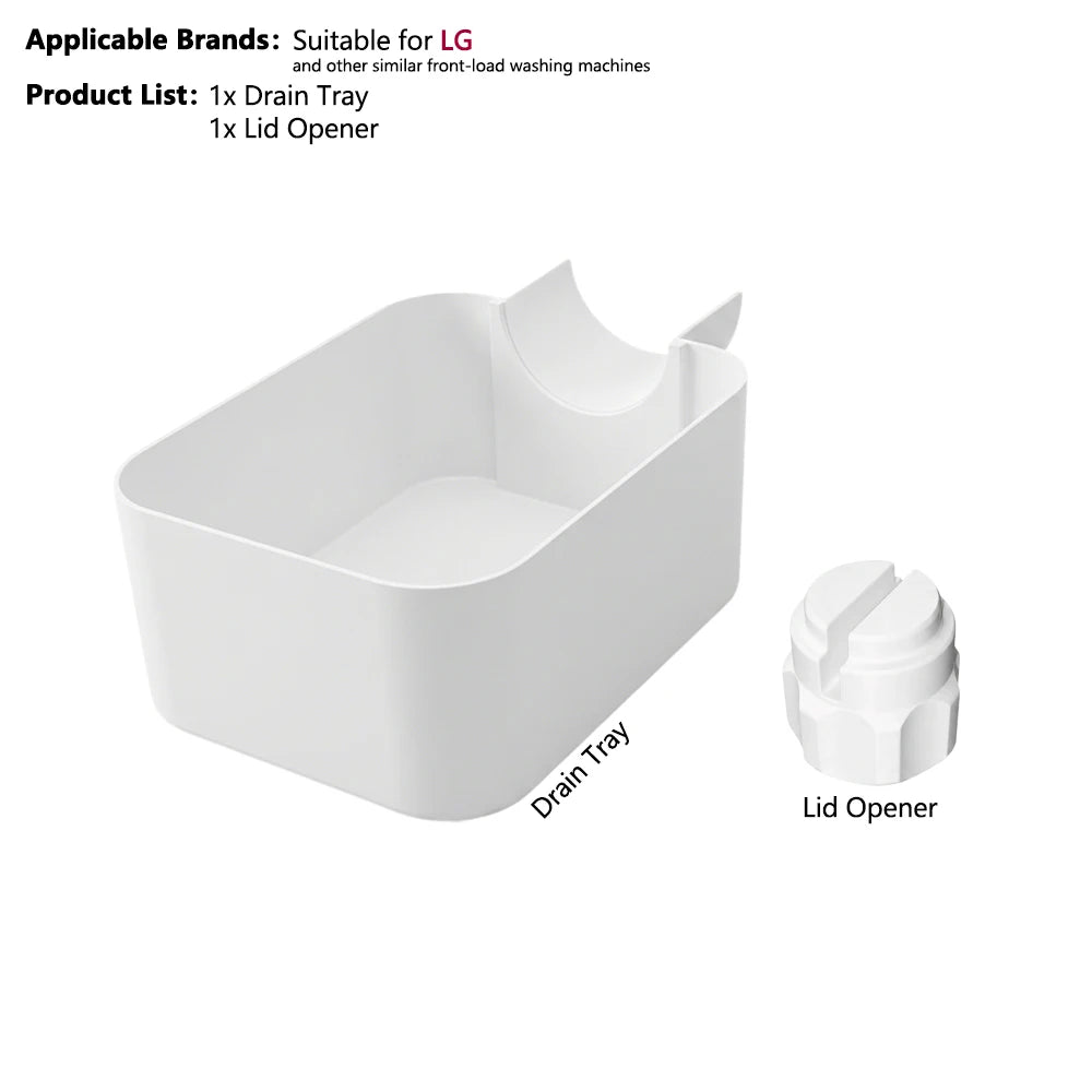 White drain tray and lid opener components for LG front-load washing machines