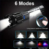 A black rechargeable multi-mode LED flashlight with a telescopic zoom feature showing six operating modes.