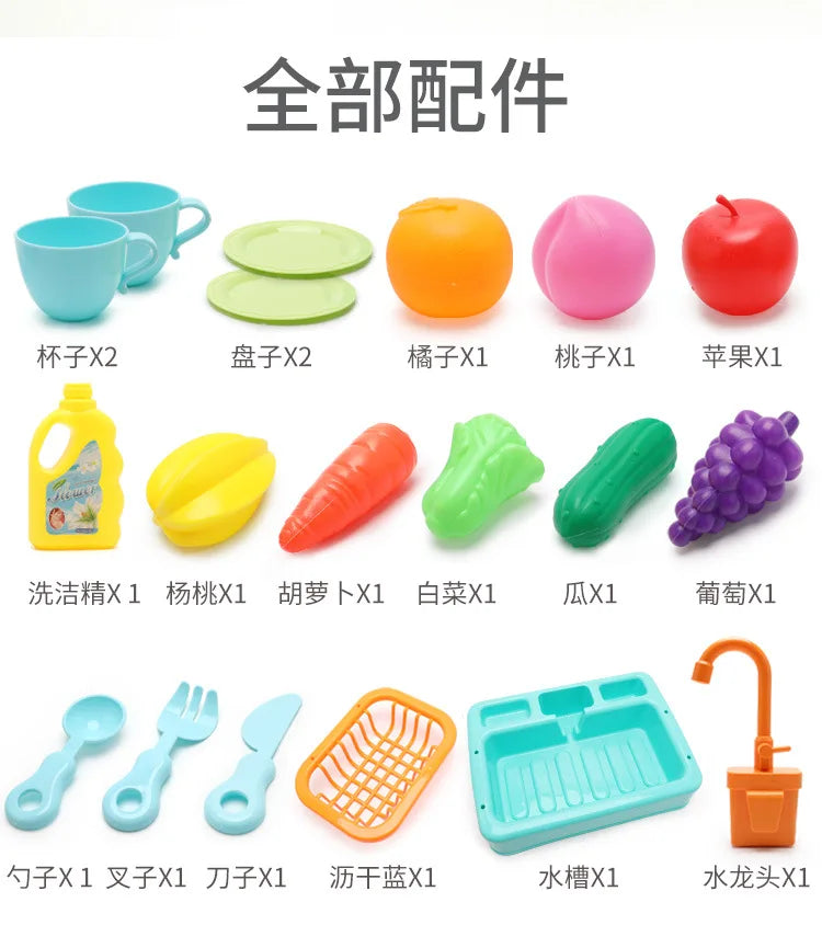 A set of kids pretend play kitchen items including cups, plates, food, and sink accessories.