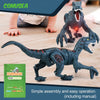 Et grått dinosaur-leketøy vises med fjernkontroll og manual, som viser enkel montering og bruk.