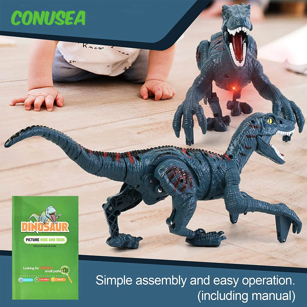 Et grått dinosaur-leketøy vises med fjernkontroll og manual, som viser enkel montering og bruk.