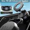 A close-up view of a black suction cup phone holder with an 98 lbs enhanced suction feature.
