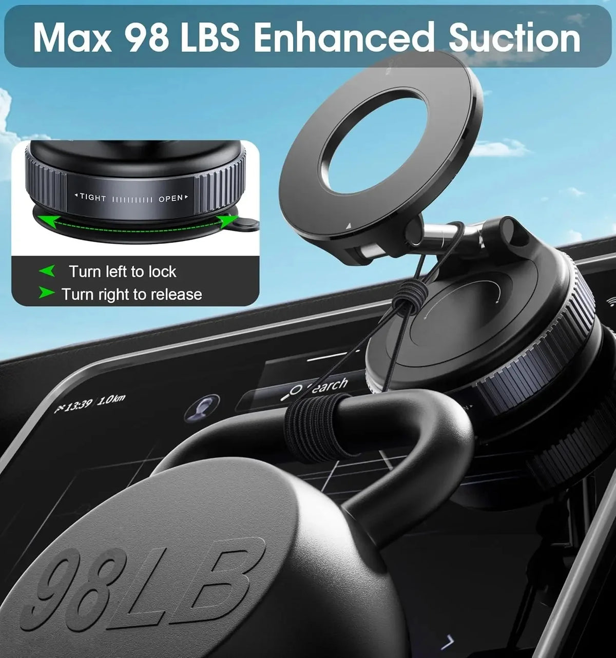 A close-up view of a black suction cup phone holder with an 98 lbs enhanced suction feature.