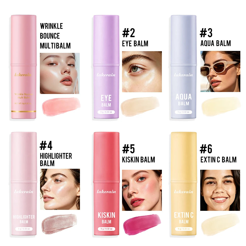 Sechs Lakerain-Balsamstifte für verschiedene Hautbedürfnisse: Augen-, Aqua- und Highlighter-Balsam.