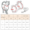 Diagrama de un arnés y correa de estilo japonés para gatos y perros pequeños con tablas de tallas.