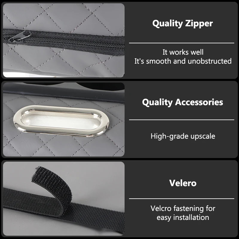 Close-up view of a car center console organizer featuring a quality zipper, accessories, and Velcro fastening for easy instal
