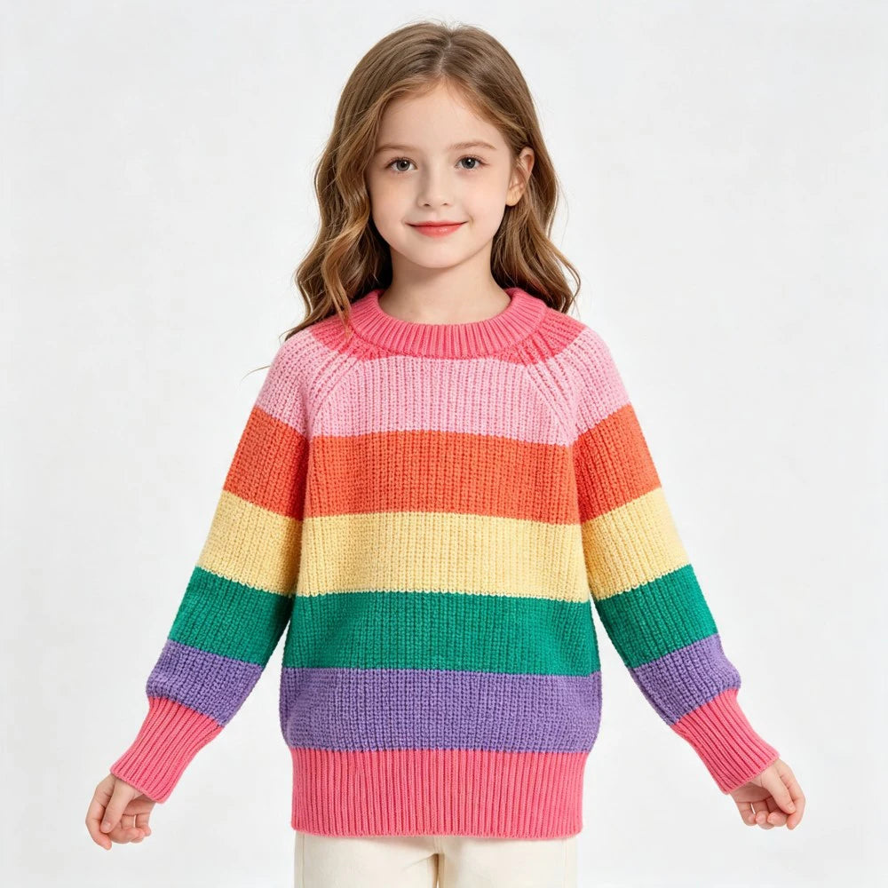 A young girl models a colorful rainbow striped knit sweater with long sleeves.