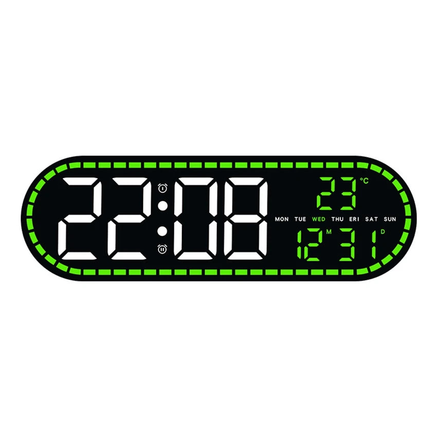 A digital wall clock displaying the time 22:08, temperature 23°C, and the day of the week.