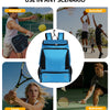 A blue sports backpack shown in various scenarios including pickleball, basketball, and tennis.