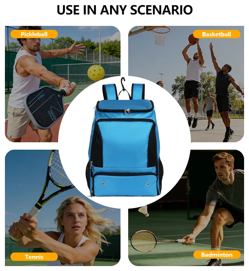 A blue sports backpack shown in various scenarios including pickleball, basketball, and tennis.