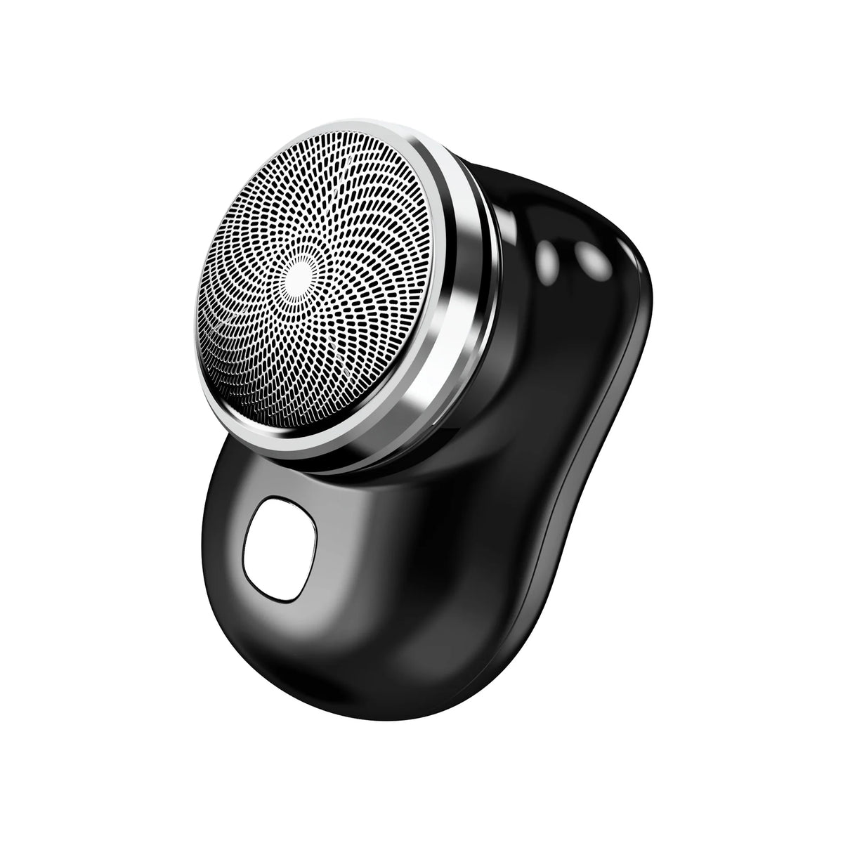 A close-up view of a black electric shaver with a mesh head and silver accents.