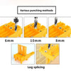 Guide showing various punching methods for drilling wood dowels, including 6mm, 10mm, and 8mm sizes, and log splicing.