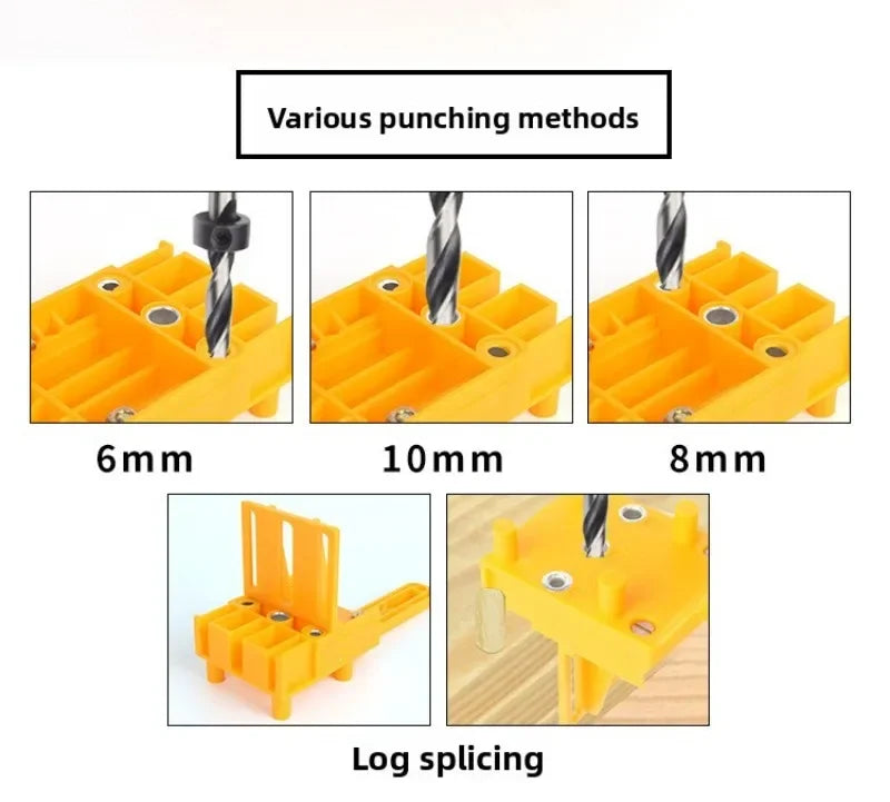 Guide showing various punching methods for drilling wood dowels, including 6mm, 10mm, and 8mm sizes, and log splicing.