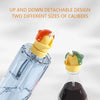 Up and down detachable design of two different sized bottle caps on a clear glass bottle.