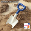 A blue and white plastic shovel with a handle is shown digging in sand.