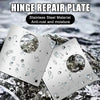 A stainless steel hinge repair plate is shown resting on a wet, rocky surface with water droplets visible.