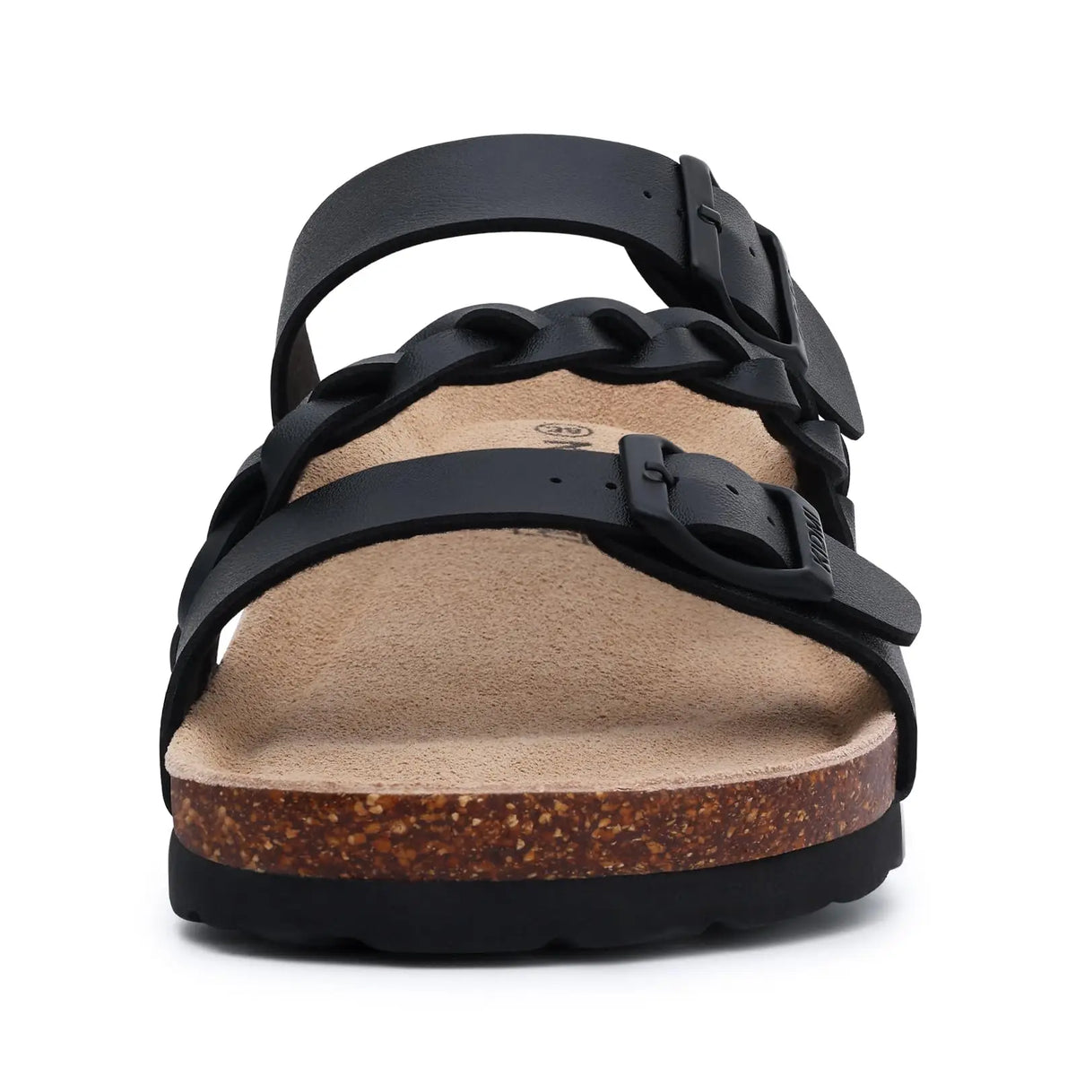 Black slide sandals with cork footbeds and arch support