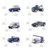 A set of ten die-cast construction trucks and vehicles in blue, yellow, and white with various sizes.