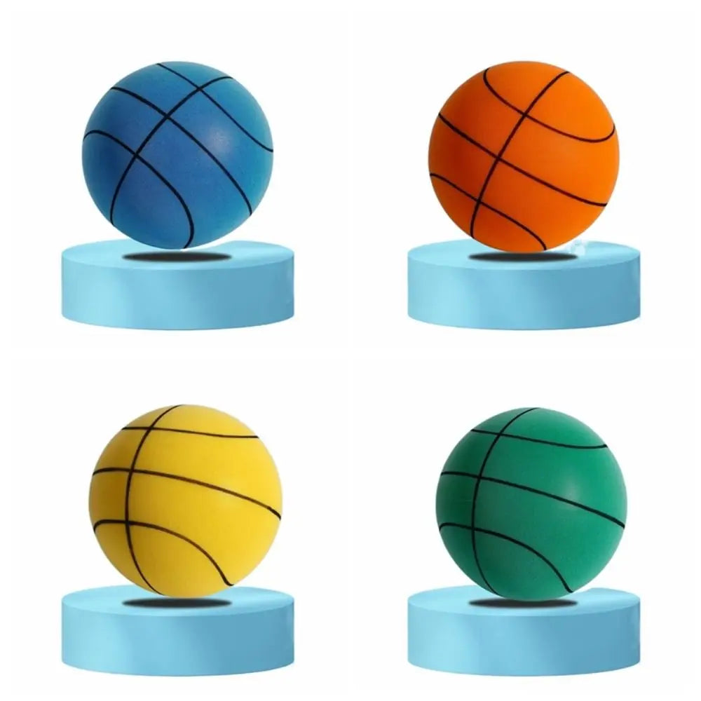 Four colored training basketballs—blue, orange, yellow, and green—resting on light blue circular bases.