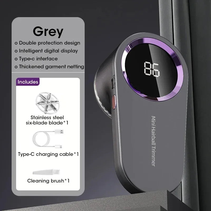 A grey Mini Hairball Trimmer device is shown next to its accessories, including a stainless steel blade and a cleaning brush.