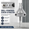 A silver drill-powered screw extractor tool is shown with a broken screw, demonstrating its use for removing screws.