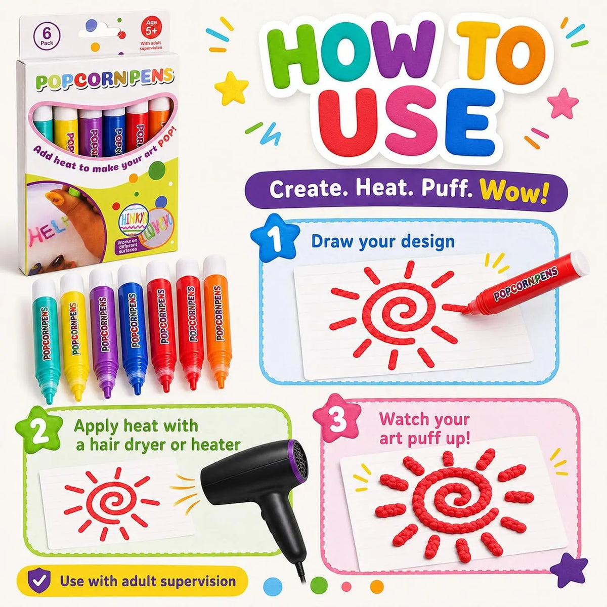 A set of Popcorn Pens used to draw and heat up designs for cards and crafts.
