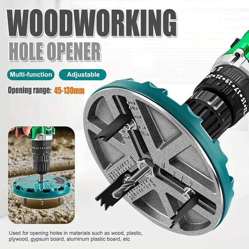 A close-up view of a green woodworking hole opener tool with a large cutting wheel, used for opening holes in various materia