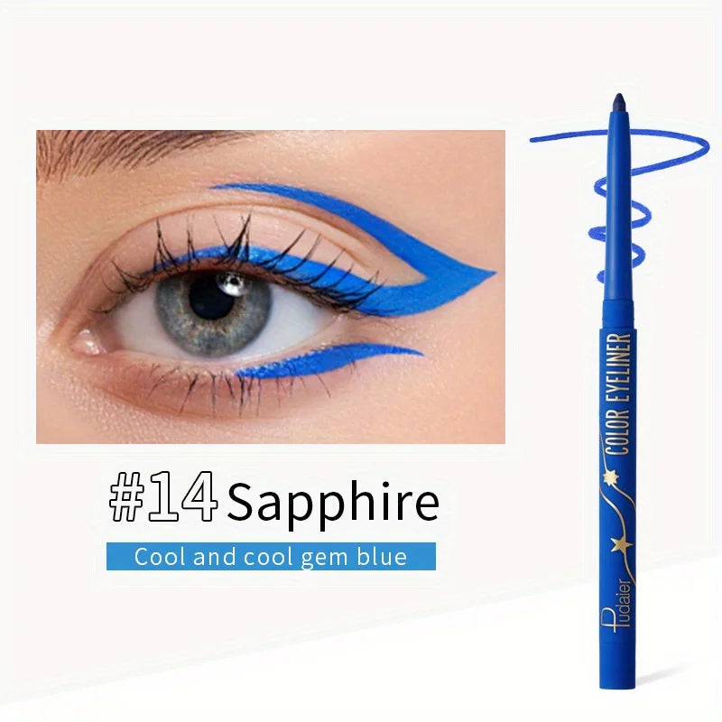Lápiz delineador azul #14 Zafiro con muestra en un ojo y el producto.