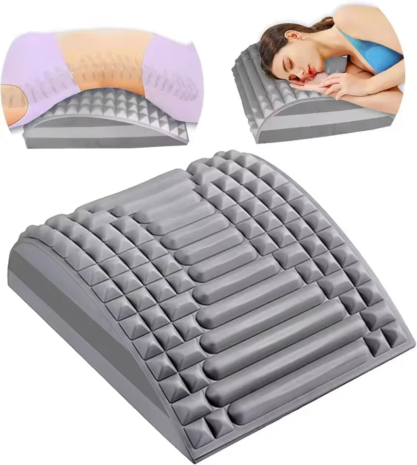 جهاز تمديد الظهر والرقبة الرمادي لتخفيف الألم وتصحيح الوضعية، معروض من زوايا مختلفة.