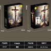 A box containing a sculpture of the Crucifixion of Jesus in a building block set with 588 pieces.