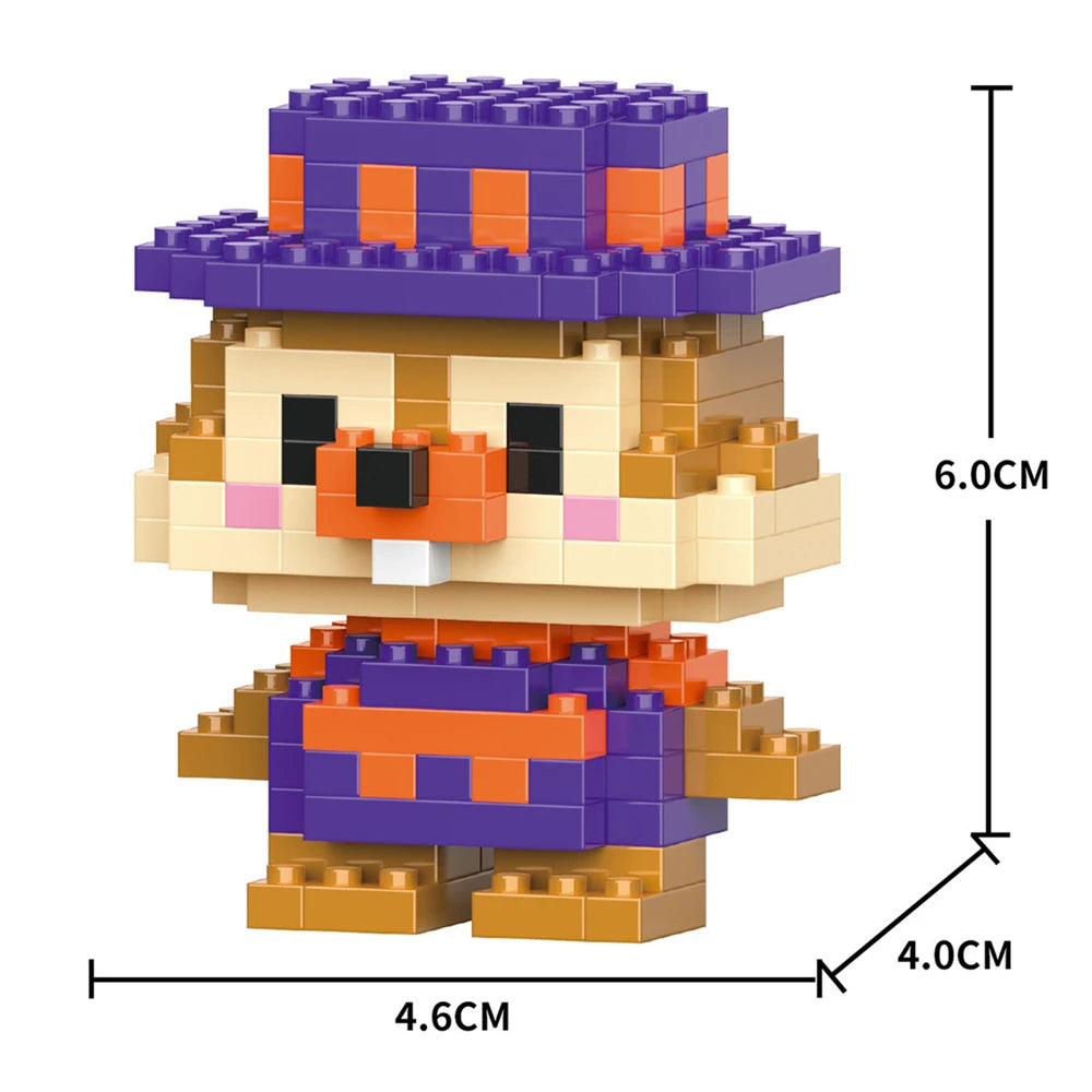A Lego-style animal figurine of a brown bear wearing an orange and purple hat and vest.