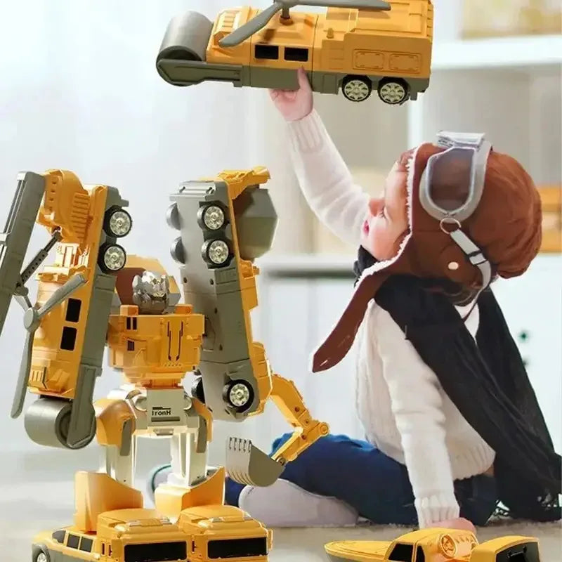 A child is operating a yellow and gray magnetic engineering car robot building block toy set.