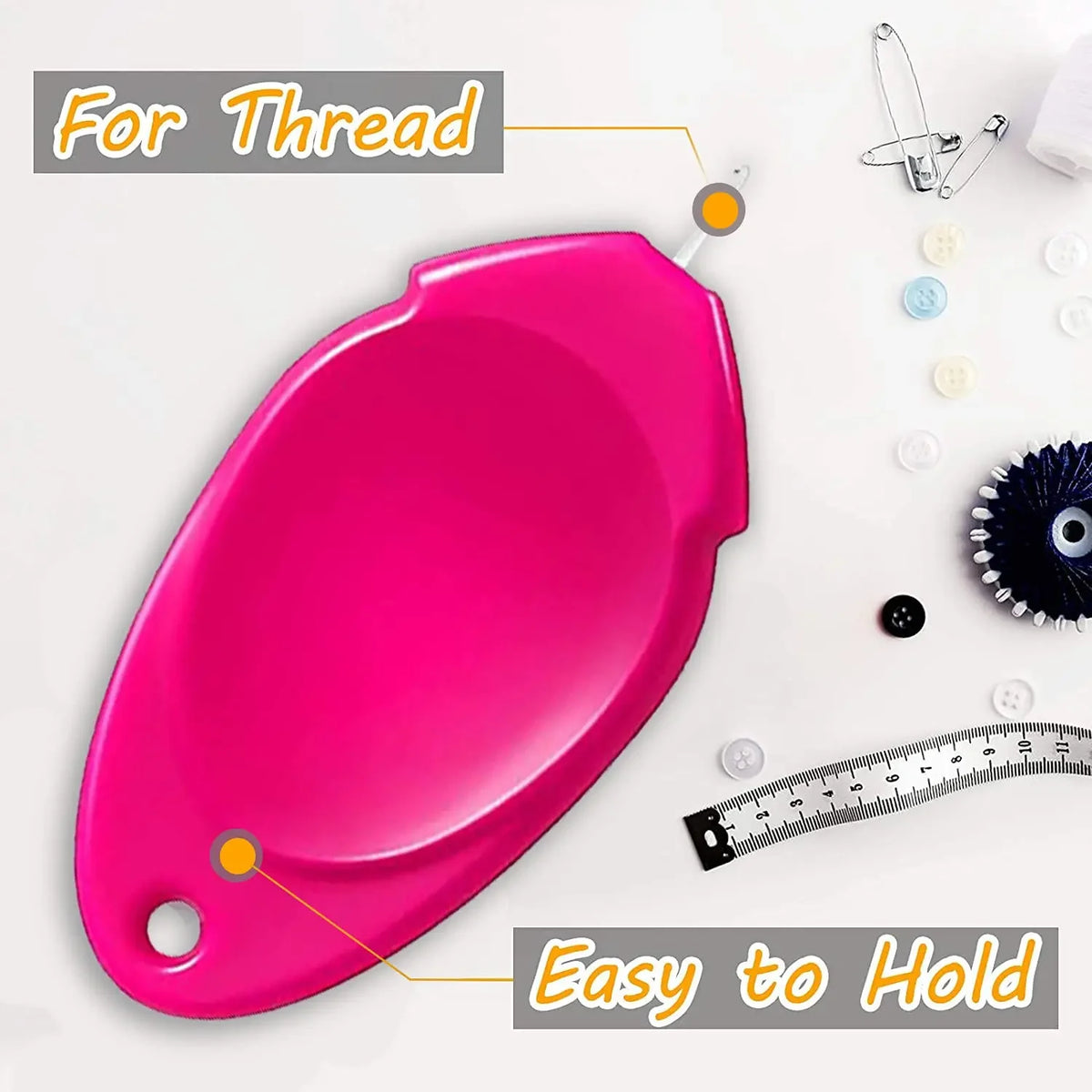 A bright pink needle threader tool is shown with instructions for threading and easy holding.