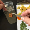 A hand holds a transparent bookmark featuring dried flowers and a small silver tool, next to a pressed flower specimen.