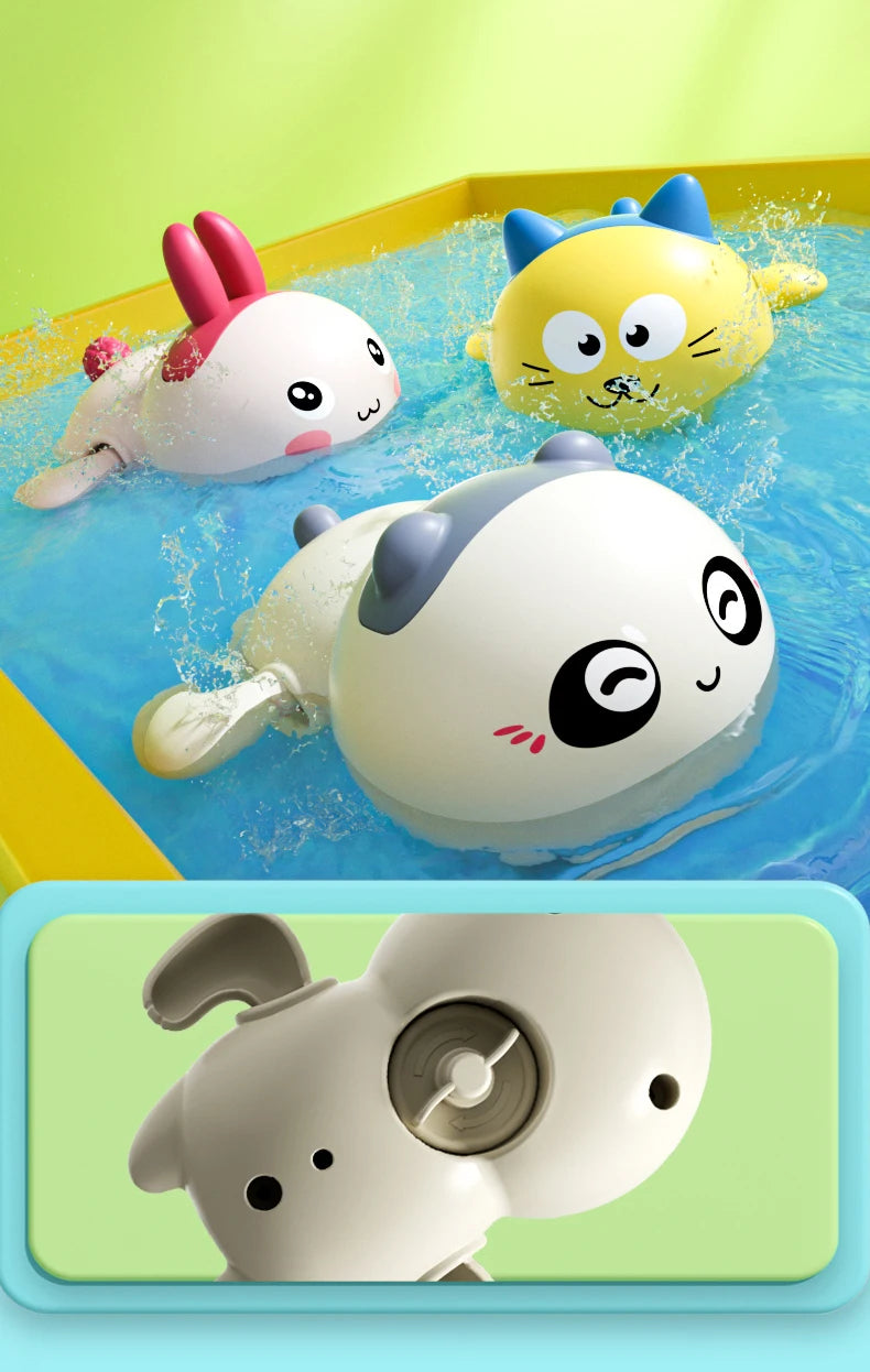 Three cute bath toys featuring a duck and a penguin floating in blue water.