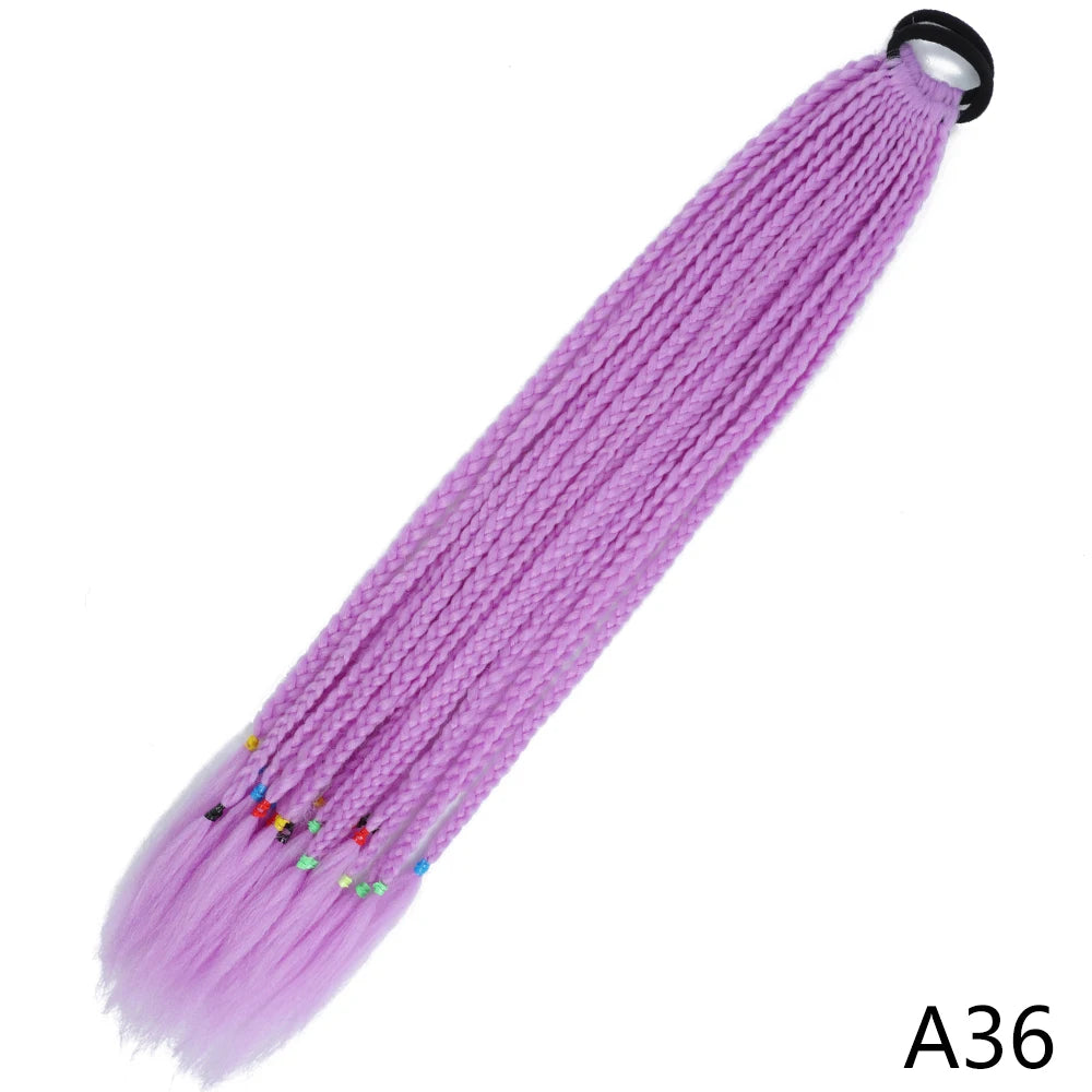 A gradient purple pre-braided ponytail extension with an elastic band and colorful accents.