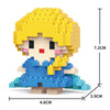 A yellow and blue micro building block figurine of a face with black eyes and pink accents.