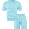 Light blue men's casual jacquard short-sleeve shirt and drawstring shorts set