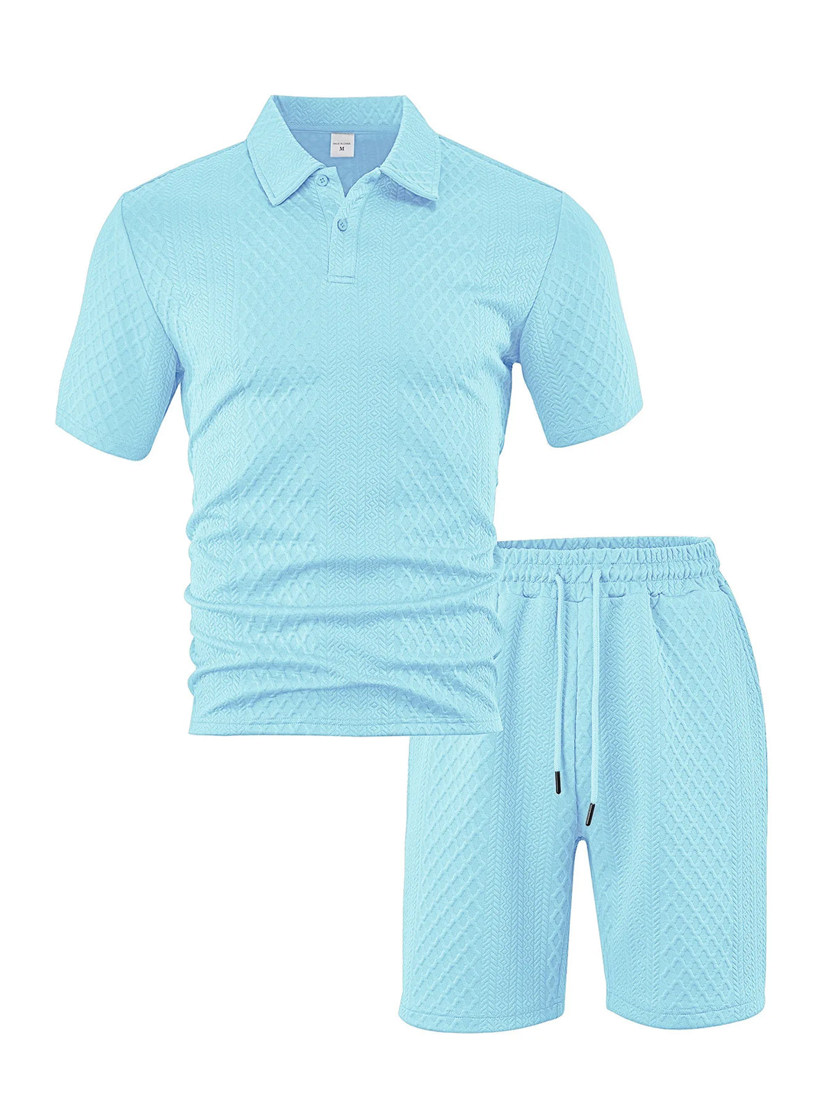 Light blue men's casual jacquard short-sleeve shirt and drawstring shorts set