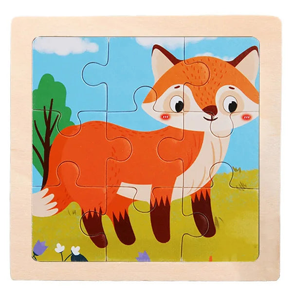 A wooden jigsaw puzzle featuring an orange fox in a natural outdoor setting.