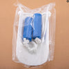 A clear plastic bag contains a white sock aid with blue silicone socks and a white elastic loop.