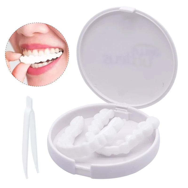 A white cosmetic denture teeth kit with individual teeth and a storage case is shown.