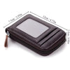 A dark brown compact zippered card holder with a clear window and a leather tassel.