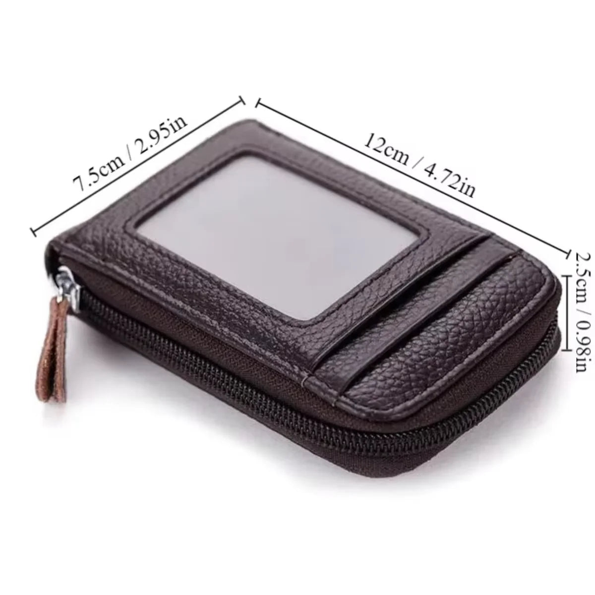 A dark brown compact zippered card holder with a clear window and a leather tassel.